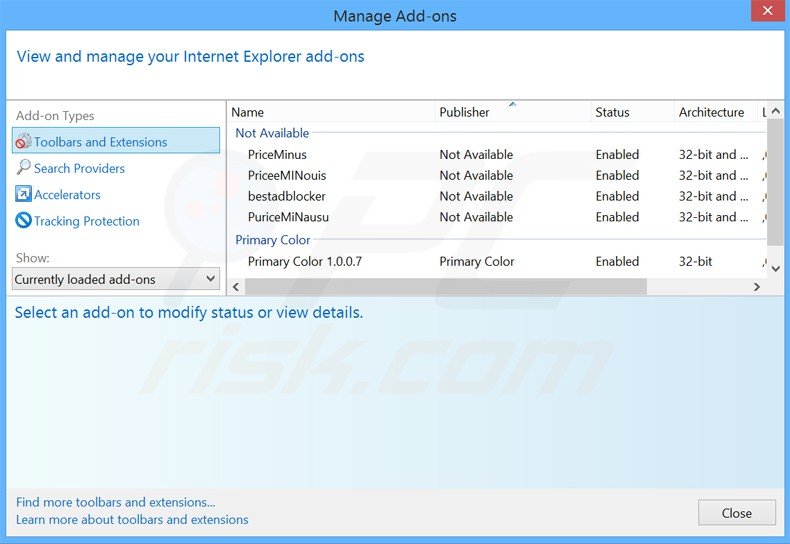 Remova o redirecionamento websearch.searchtotal.info das extensões do Internet Explorer.