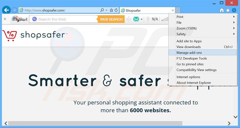 Removendo os anúncios Shopsafer do Internet Explorer passo 1