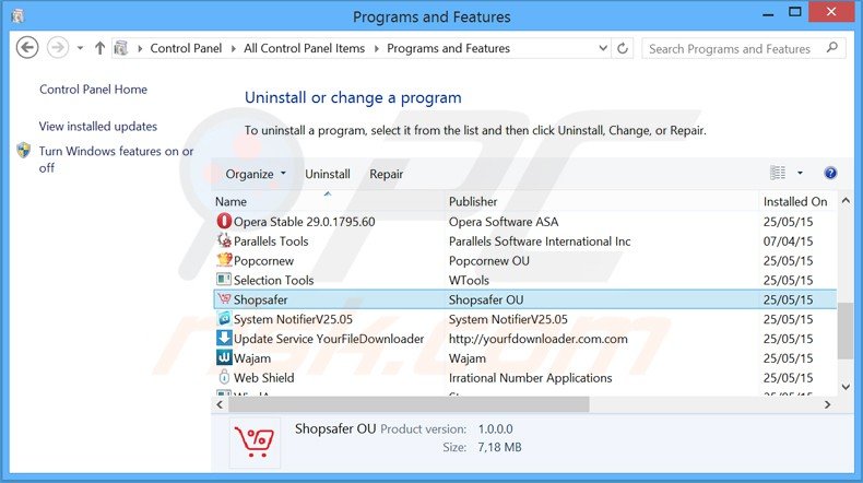 desinstalar o adware Shopsafer através do Painel de Controlo