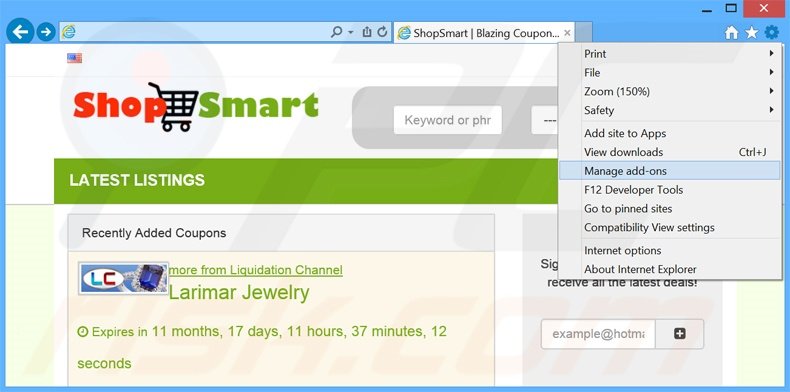 Removendo os anúncios ShopSmart do Internet Explorer passo 1