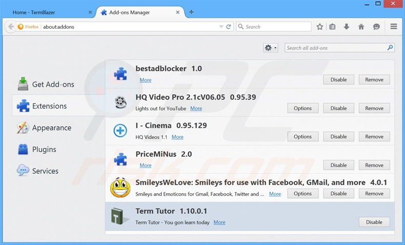 Removendo os anúncios TermBlazer do Mozilla Firefox passo 2