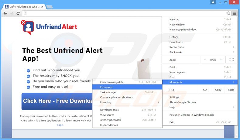 Removendo os anúncios Unfriend Alert do Google Chrome passo 1
