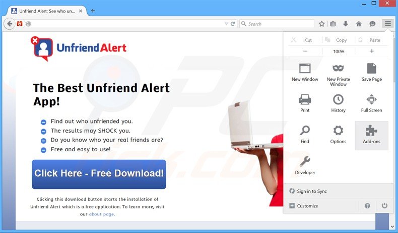Removendo os anúncios Unfriend Alert do Mozilla Firefox passo 1