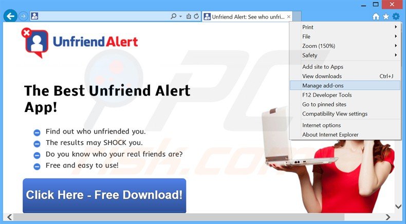  Removendo os anúncios Unfriend Alert do Internet Explorer passo 1
