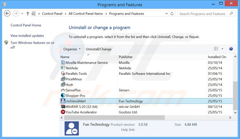 desinstalar o adware Unfriend Alert via Painel de Controlo