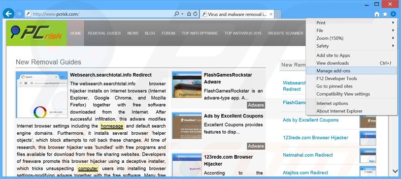 Removendo os anúncios Windesk Winsearch do Internet Explorer passo 1