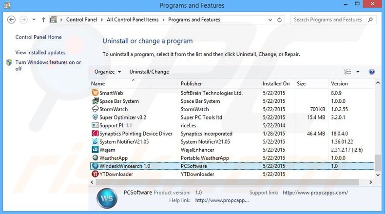 desinstalar o adware Windesk Winsearch via Painel de Controlo