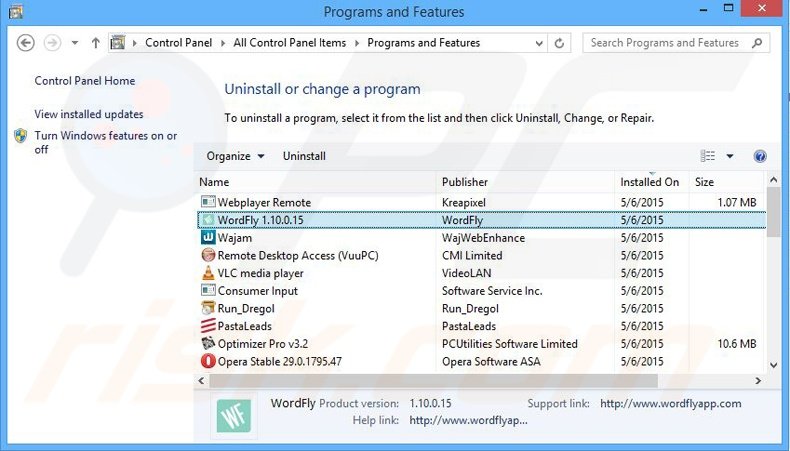 desinstalar o adware WordFly via Painel de Controlo