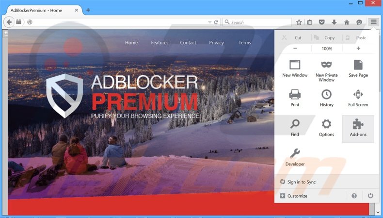 Removendo os anúncios AdBlockerPremium do Mozilla Firefox passo 1