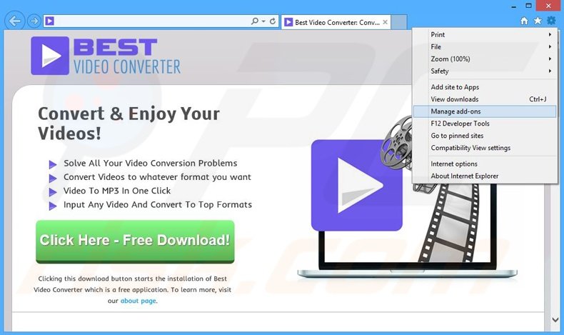 Removendo os anúncios BestVideoConverter do Internet Explorer passo 1