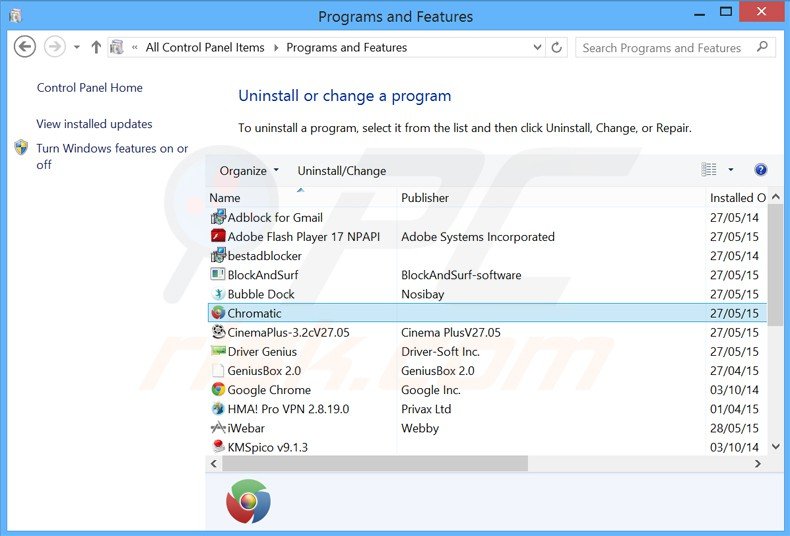 desinstalar o adware Chromatic via Painel de Controlo