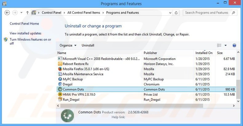 desinstalar o adware Common Dots via Painel de Controlo