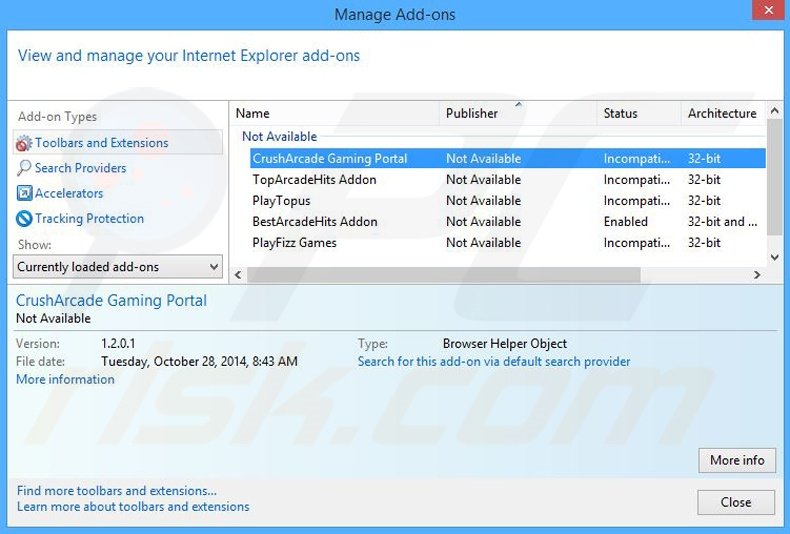 Removendo os anúncios CrushArcade  do Internet Explorer passo 2