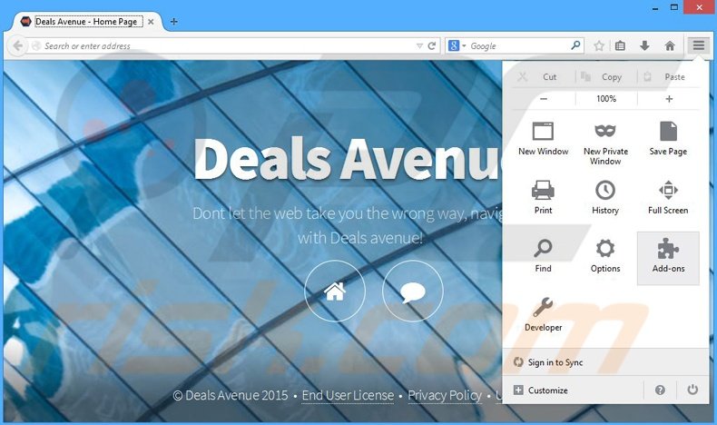 Removendo os anúncios Deals Avenue do Mozilla Firefox passo 1