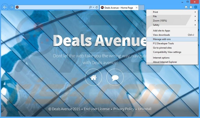 Removendo os anúncios Deals Avenue do Internet Explorer passo 1