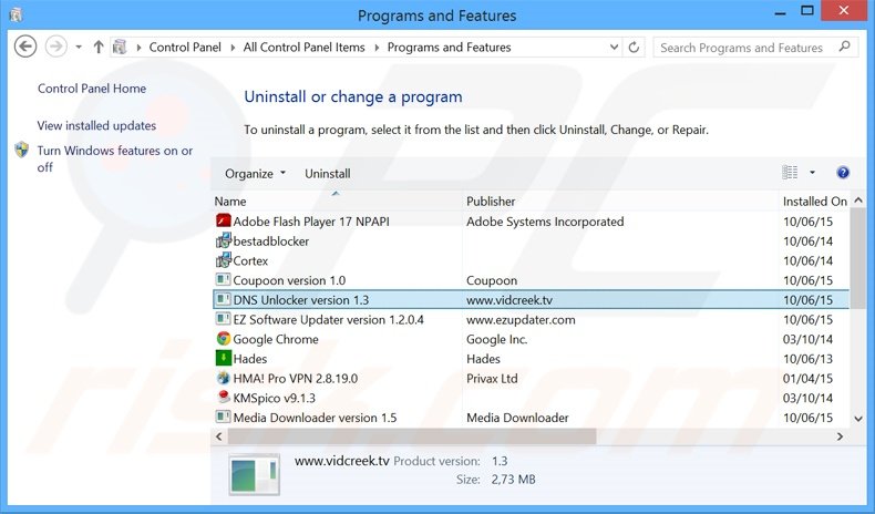 desinstalar o adware DNS Unlocker via Painel de Controlo