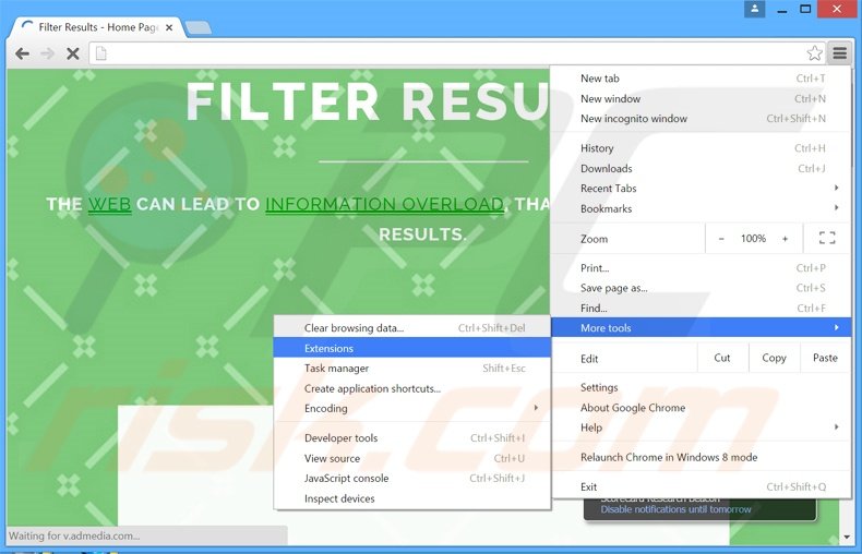 Removendo os anúncios Filter Results do Google Chrome passo 1