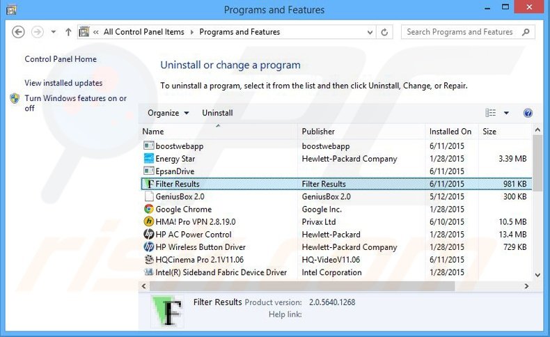 desinstalação do adware Filter Results através do Painel de Controlo