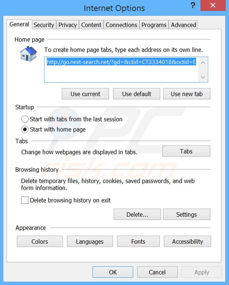 Remova o redirecionamento go.next-search.net da página inicial do Internet Explorer.