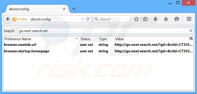 Remova go.next-search.net da página inicial e motor de busca padrão do Mozilla Firefox.