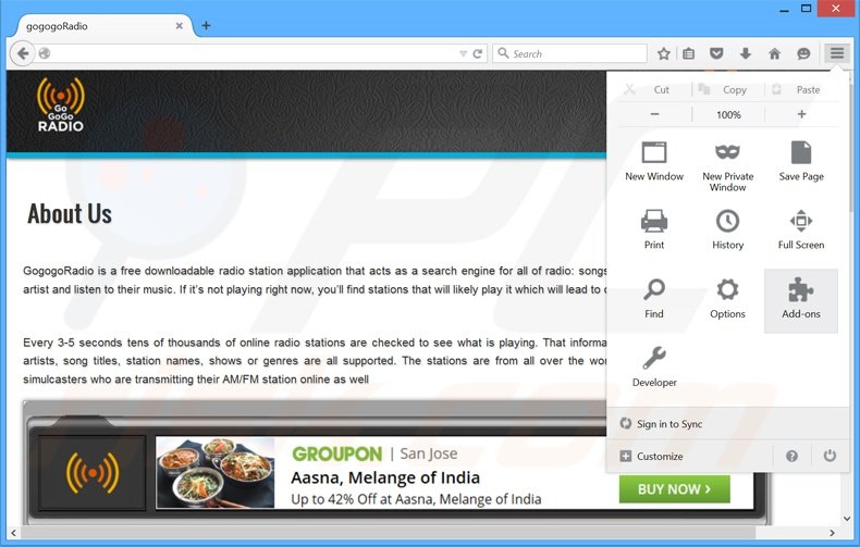 Removendo os anúncios GoGoGoRadio do Mozilla Firefox passo 1