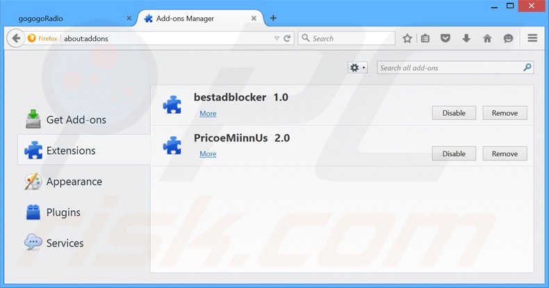 Removendo os anúncios GoGoGoRadio do Mozilla Firefox passo 2