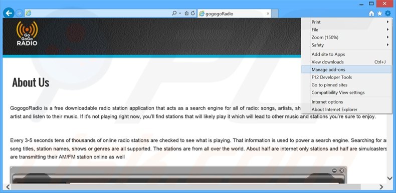 Removendo os anúncios GoGoGoRadio do Internet Explorer passo 1