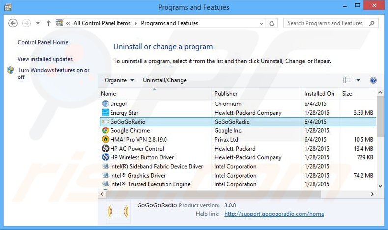 desinstalar o adware GoGoGoRadio via Painel de Controlo