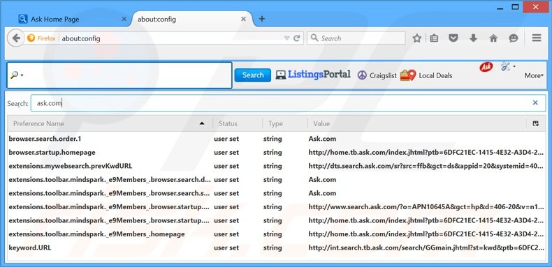 Removendo a página inicial home.tb.ask.com e motor de busca padrão do Mozilla Firefox