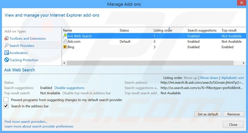 Removendo o motor de busca inicial home.tb.ask.com do Internet Explorer