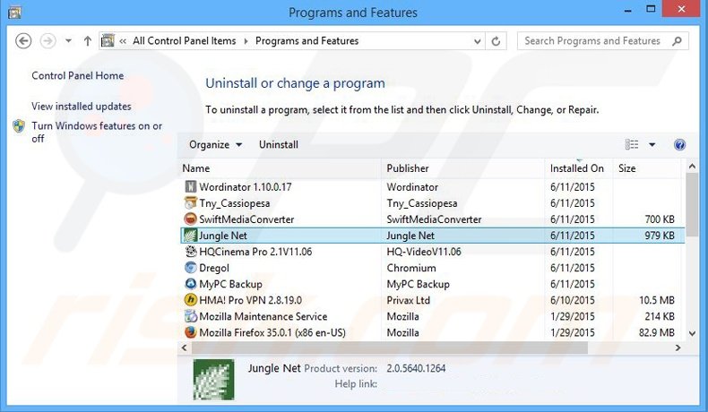 desinstalar o adware Jungle Net via Painel de Controlo