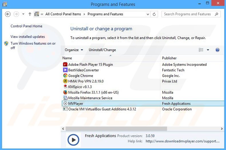 desinstalar o adware MVPlayer via Painel de Controlo