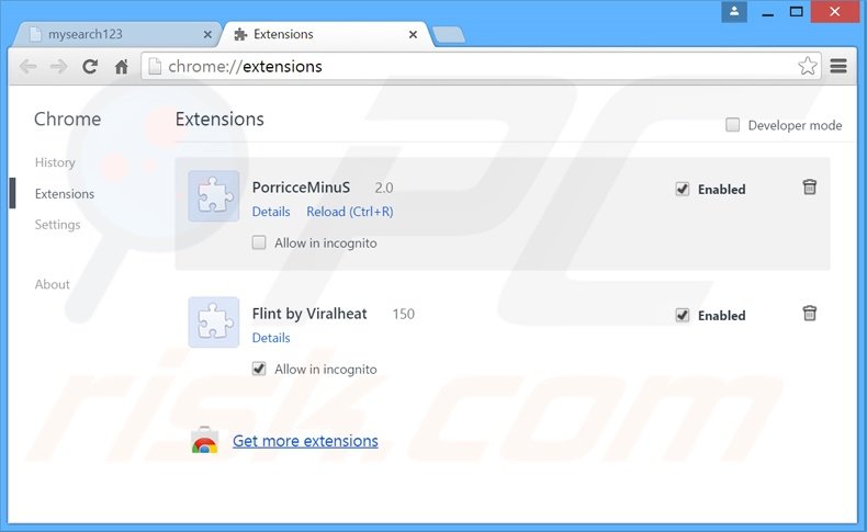 Removendo as extensões relacionadas a mysearch123.com do Google Chrome