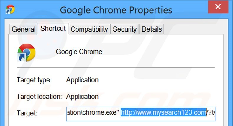 Removendo mysearch123.com do atalho do Google Chrome passo 2
