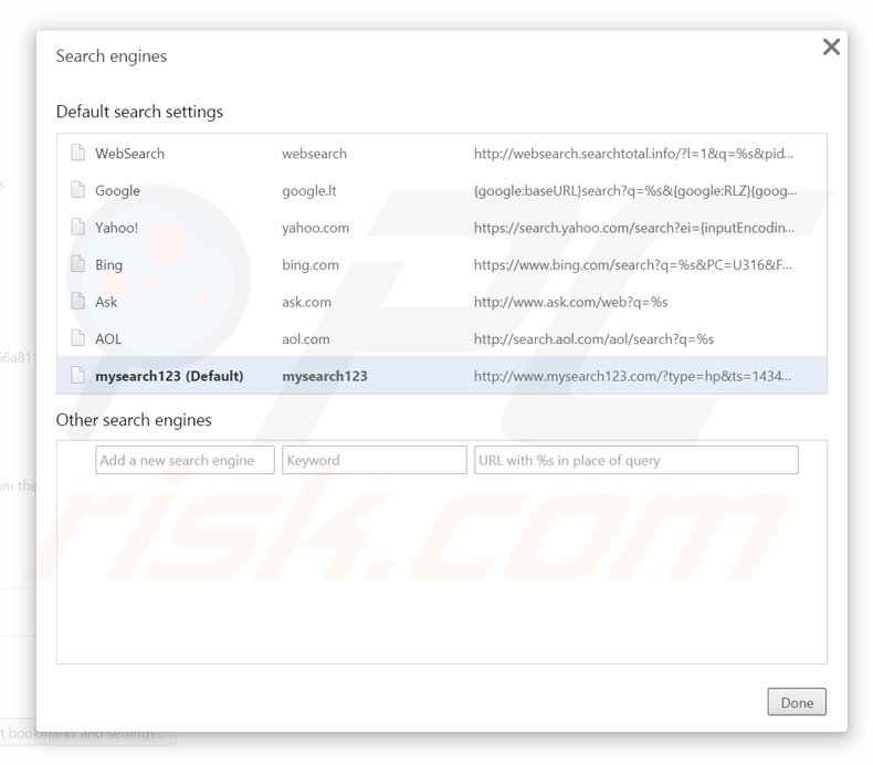 Removendo mysearch123.com do motor de busca padrão do Google Chrome