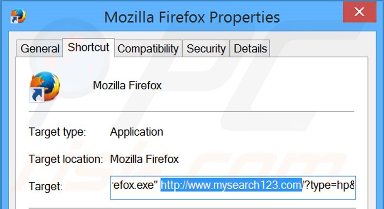 Removendo mysearch123.com do atalho do Mozilla Firefox passo 2
