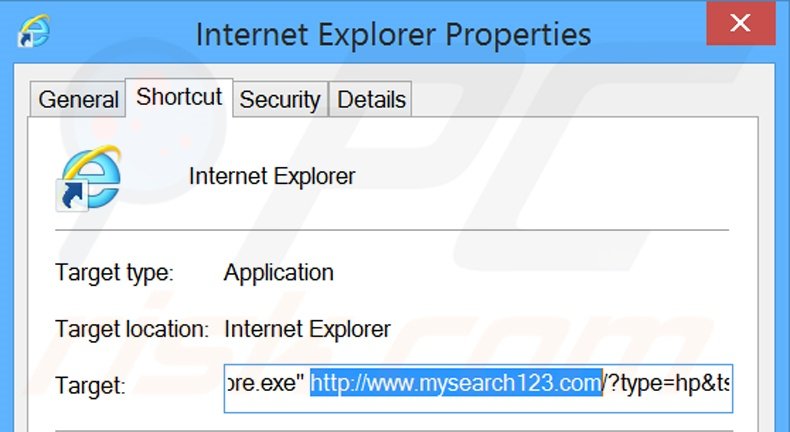 Removendo mysearch123.com do atalho do Internet Explorer passo 2