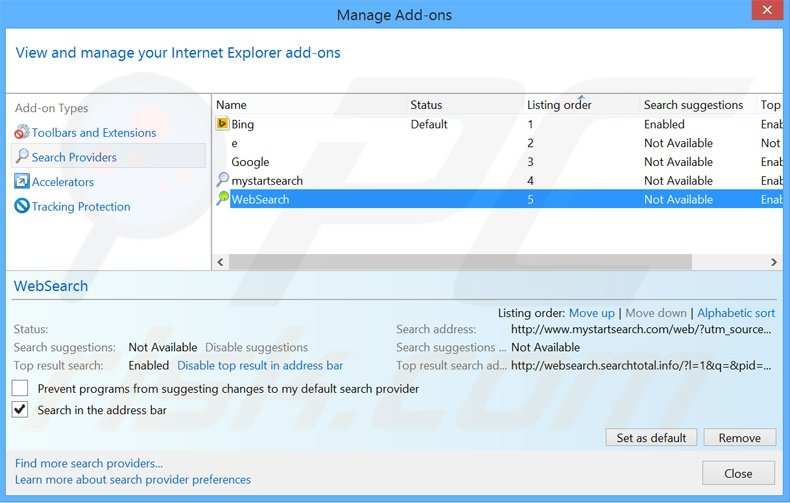 Removendo a motor de busca inicial mysearch123.com do Internet Explorer