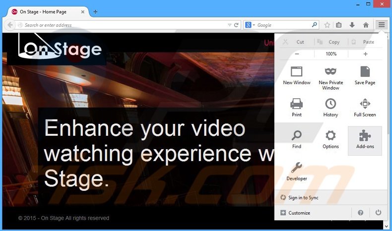 Removendo os anúncios On Stage do Mozilla Firefox passo 1