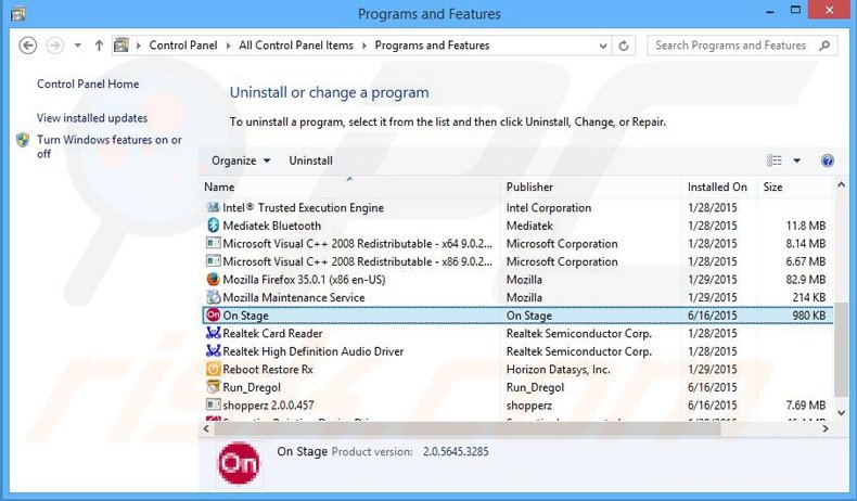 desinstalar o adware On Stage via Painel de Controlo