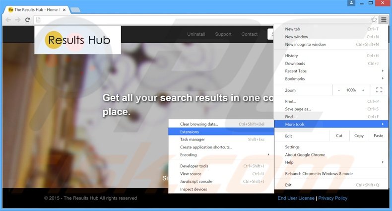 Removendo os anúncios The Results Hub do Google Chrome passo 1