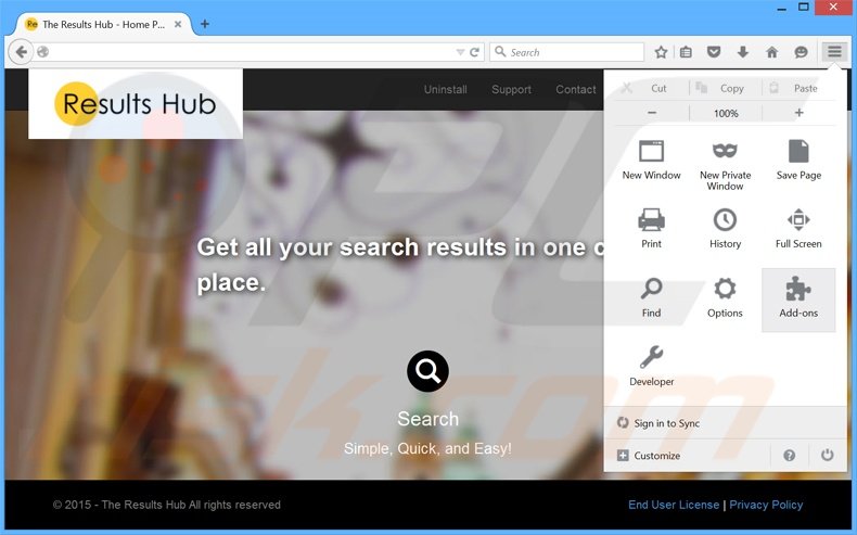 Removendo os anúncios The Results Hub do Mozilla Firefox passo 1