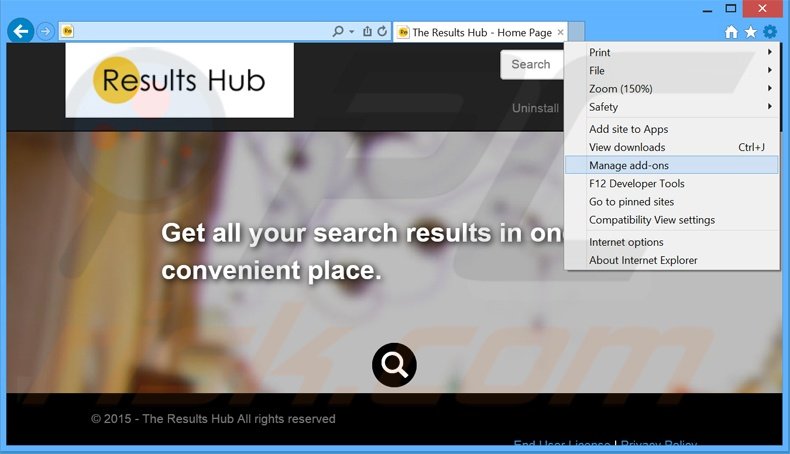 Removendo os anúncios The Results Hub do Internet Explorer passo 1