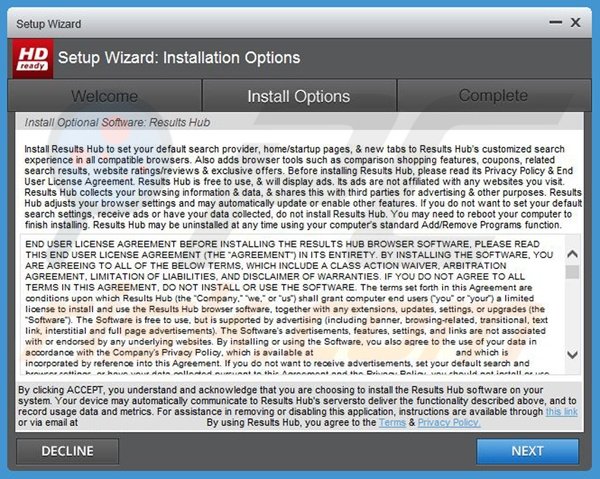 Instalador do adware Resuls Hub fraudulento