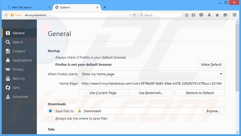 Removendo a página inicial search.myinterestsxp.com do Mozilla Firefox