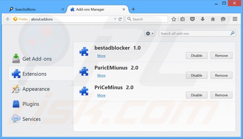 Removendo as extensões relacionadas a searchzillions.com do Mozilla Firefox