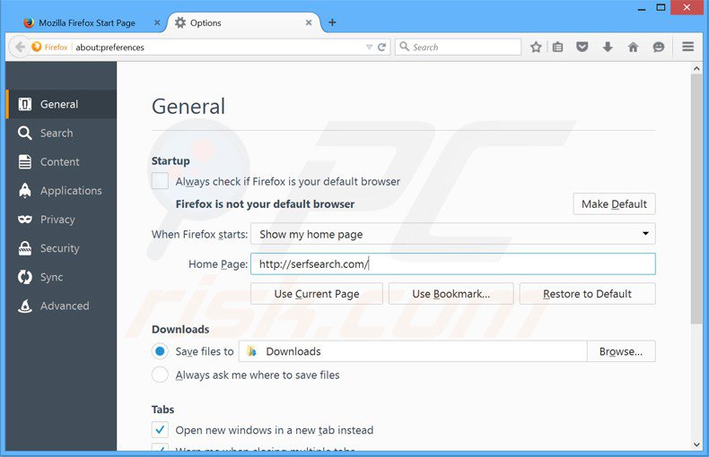 Removendo a página inicial serfsearch.com do Mozilla Firefox