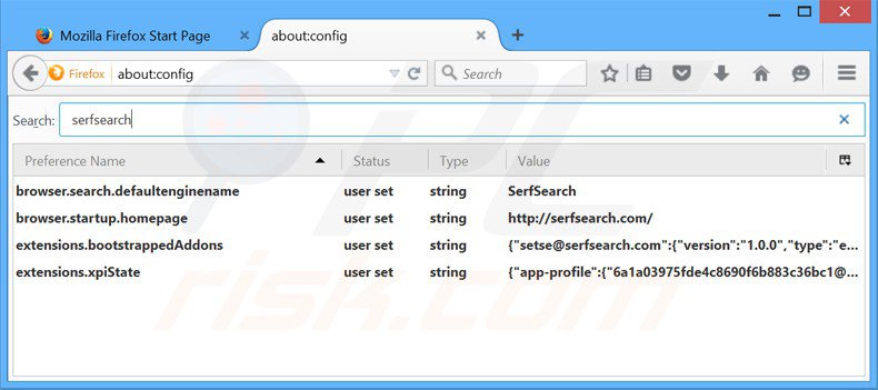 Removendo a página inicial serfsearch.com e motor de busca padrão do Mozilla Firefox