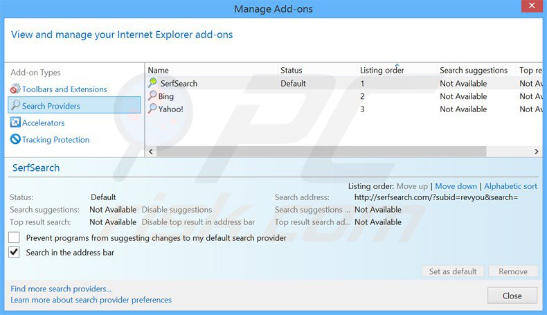 Removendo o motor de busca inicial serfsearch.com do Internet Explorer