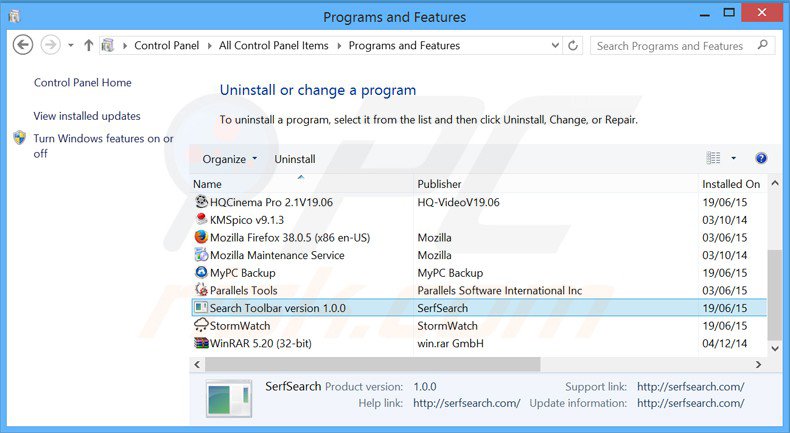 desinstalar o sequestrador de navegador serfsearch.com via Painel de Controlo